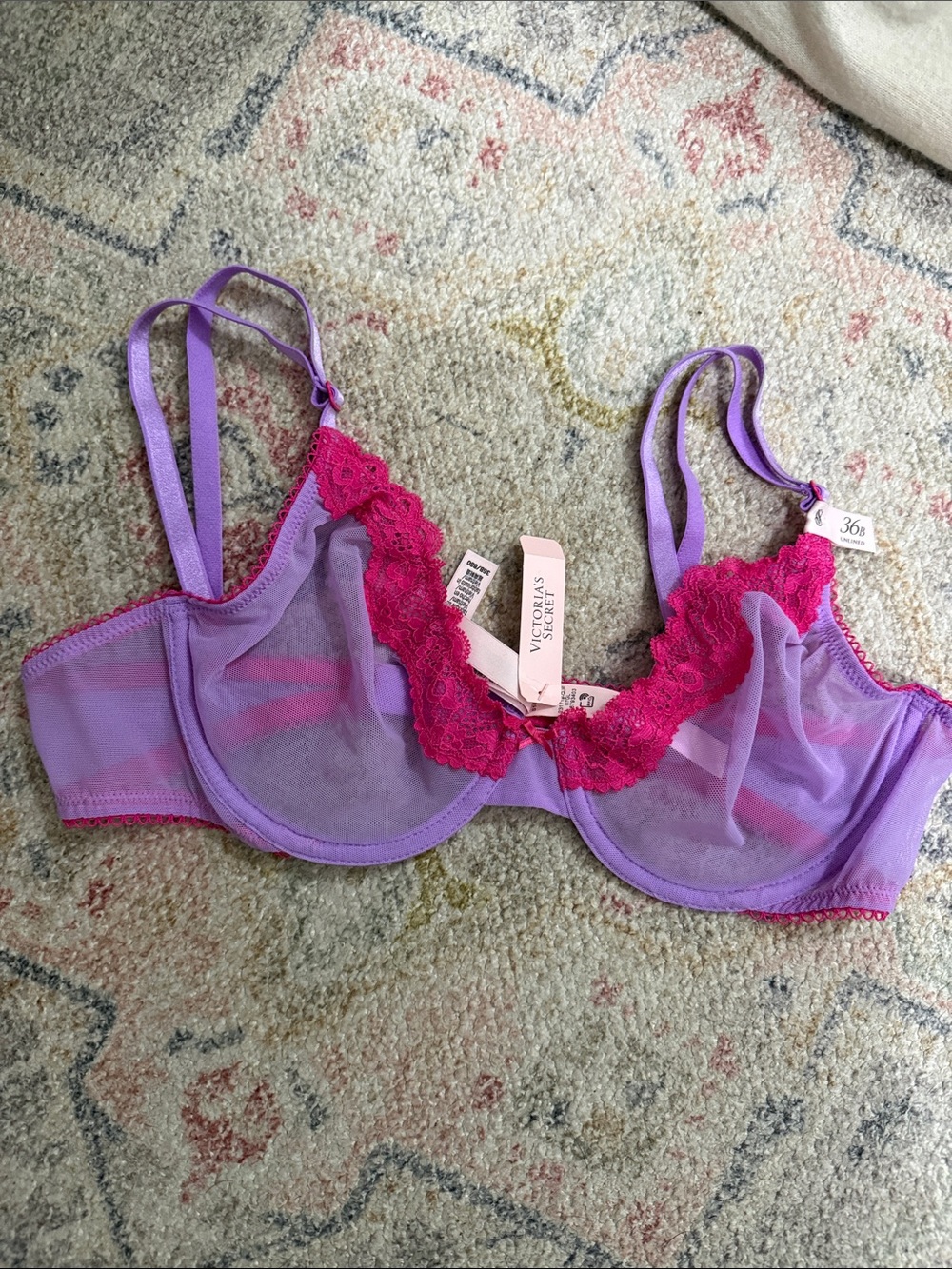 Victoria's Secret Lilac and Fuchsia Lace Underwire Sheer Bra